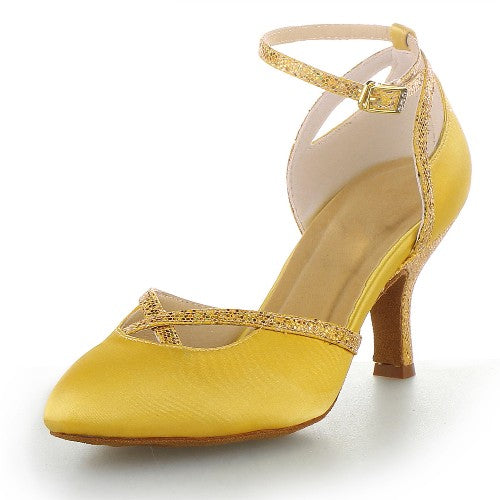 Shining Latin Dance Shoes Women Salas Ballroom Dance Shoes Cuban High Heel Waltz Software Party Shoes Yellow