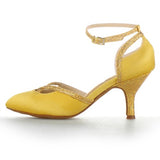 <transcy>Zapatos de baile latino brillantes para mujer, zapatos de baile de salón Salas, zapatos de fiesta de software de vals de tacón alto cubano, amarillo</transcy>