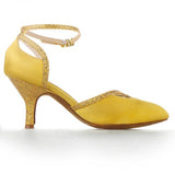 <transcy>Zapatos de baile latino brillantes para mujer, zapatos de baile de salón Salas, zapatos de fiesta de software de vals de tacón alto cubano, amarillo</transcy>