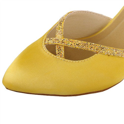 <transcy>Zapatos de baile latino brillantes para mujer, zapatos de baile de salón Salas, zapatos de fiesta de software de vals de tacón alto cubano, amarillo</transcy>