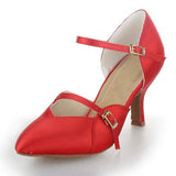 Satin Women Salsa Latin Dance Shoes Ladies Girls Ballroom Party Tango Dance Shoes Red Buckle Adjustable