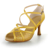 Yellow Satin Women's Latin Ballroom Dance shoes Party Heeled Salsa Dance Shoes Soft Sole