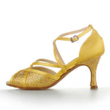 Yellow Satin Women's Latin Ballroom Dance shoes Party Heeled Salsa Dance Shoes Soft Sole