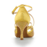 <transcy>Zapatos de baile de salón latino de satén amarillo para mujer Zapatos de baile de salsa con tacón de fiesta Suela suave</transcy>