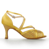 Yellow Satin Women's Latin Ballroom Dance shoes Party Heeled Salsa Dance Shoes Soft Sole