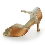 <transcy>Zapatos de baile de salsa de salón de baile latino de satén marrón para mujer</transcy>