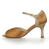 <transcy>Zapatos de baile de salsa de salón de baile latino de satén marrón para mujer</transcy>