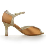 <transcy>Zapatos de baile de salsa de salón de baile latino de satén marrón para mujer</transcy>