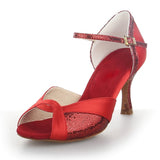 <transcy>Zapatos de baile de salón latino con lentejuelas de satén para mujeres y niñas Zapatos de baile de salsa de moda rojos</transcy>
