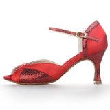 Satin Sequined Latin Ballroom Dance Shoes For Women Girls Red Fashion Salsa Dance Shoes