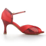 Satin Sequined Latin Ballroom Dance Shoes For Women Girls Red Fashion Salsa Dance Shoes