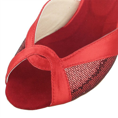 Satin Sequined Latin Ballroom Dance Shoes For Women Girls Red Fashion Salsa Dance Shoes