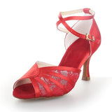 <transcy>Zapatos de baile de salsa de salón de baile latino de satén rojo para mujeres y niñas</transcy>