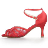 <transcy>Zapatos de baile de salsa de salón de baile latino de satén rojo para mujeres y niñas</transcy>