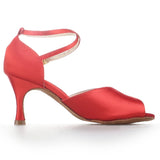 <transcy>Zapatos de baile de salsa de salón de baile latino de satén rojo para mujeres y niñas</transcy>