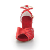 <transcy>Zapatos de baile de salsa de salón de baile latino de satén rojo para mujeres y niñas</transcy>