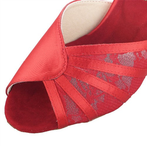 Red Satin Women Girls Latin Ballroom Salsa Dance Shoes Peep Toe Indoor Salsa Dancing Shoes