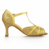 <transcy>Zapatos de baile latino de salón de baile con lentejuelas amarillas para mujer de alta calidad</transcy>