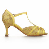 Yellow Sequined Women Ballroom Latin Dance Shoes High Quality