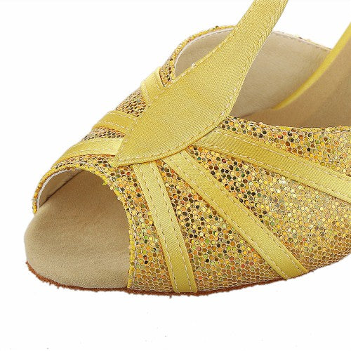 <transcy>Zapatos de baile latino de salón de baile con lentejuelas amarillas para mujer de alta calidad</transcy>