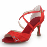 Satin Rhinestone Women Latin Ballroom Salsa Dance Shoes Red Yellow Heeled Sandals