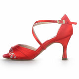 Satin Rhinestone Women Latin Ballroom Salsa Dance Shoes Red Yellow Heeled Sandals
