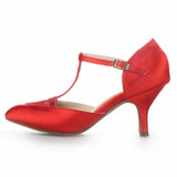 <transcy>Salón de baile de satén rojo Zapatos de baile modernos Punta cerrada Suela de gamuza suave Zapatos de baile de tango Salsa latina</transcy>