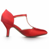 <transcy>Salón de baile de satén rojo Zapatos de baile modernos Punta cerrada Suela de gamuza suave Zapatos de baile de tango Salsa latina</transcy>