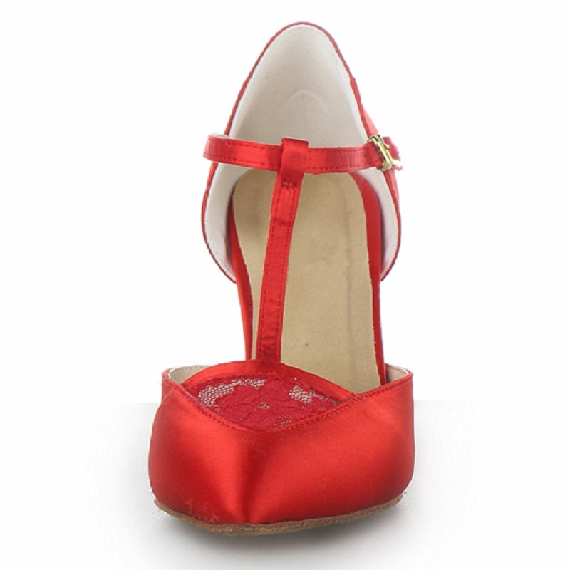 Red Satin Ballrooom Modern Dance Shoes Closed Toe Soft Suede Sole Latin Salsa Tango Dance Shoes
