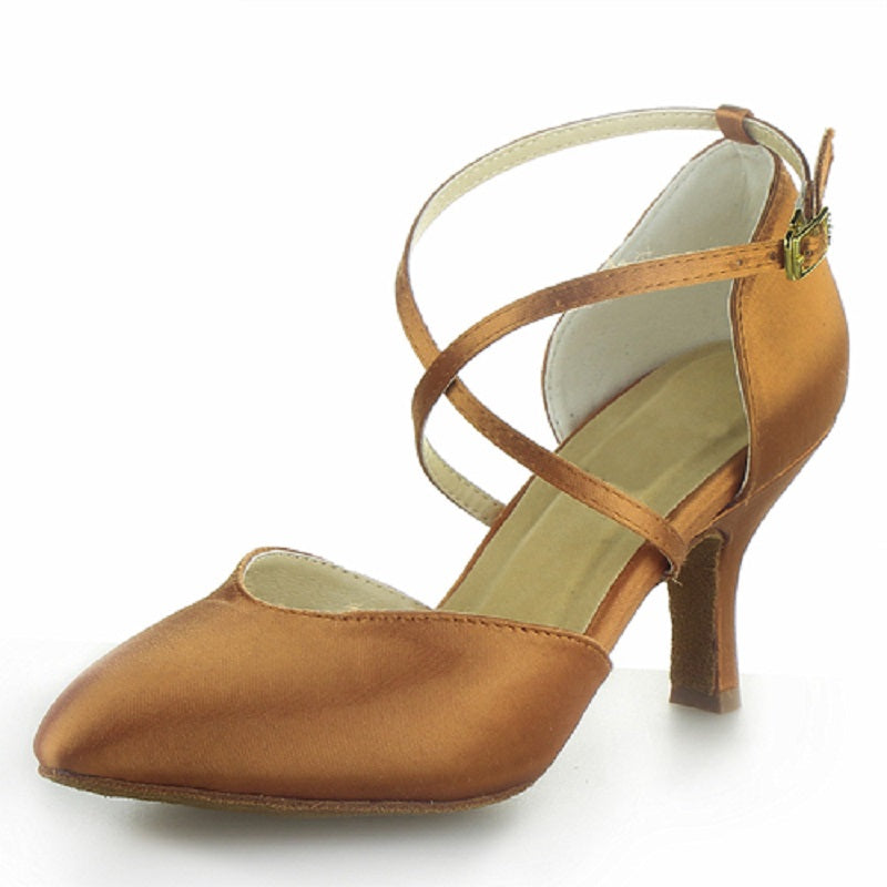 <transcy>Zapatos de baile modernos de Salsa de salón latino de satén marrón para mujer, zapatos de baile de alta calidad con correa cruzada</transcy>