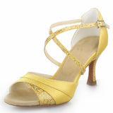 Satin Rhinestone Women Latin Ballroom Salsa Dance Shoes Red Yellow Heeled Sandals
