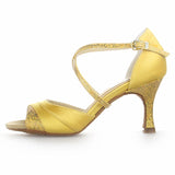 Satin Rhinestone Women Latin Ballroom Salsa Dance Shoes Red Yellow Heeled Sandals