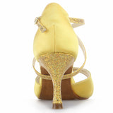 Satin Rhinestone Women Latin Ballroom Salsa Dance Shoes Red Yellow Heeled Sandals