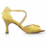 <transcy>Satén Rhinestone Mujeres Salón de baile latino Zapatos de baile de salsa Sandalias de tacón rojo amarillo</transcy>