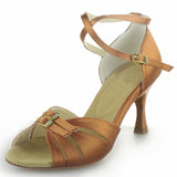 Brown Satin Latin Ballroom Salsa Dance Shoes High Quality Customized Heeled Buckle Dancing Shoes