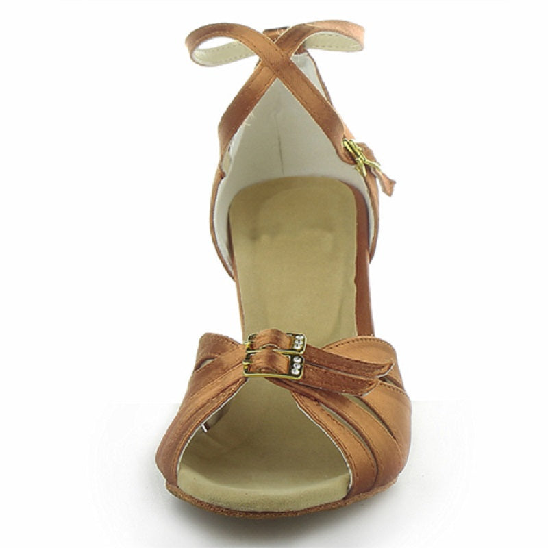 Brown Satin Latin Ballroom Salsa Dance Shoes High Quality Customized Heeled Buckle Dancing Shoes
