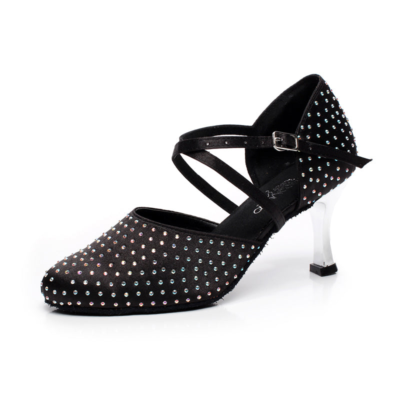 <transcy>Zapatos de baile modernos con diamantes de imitación, zapatos de baile de salsa de salón latino satinado para mujeres y niñas</transcy>