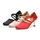 Rhinestone Modern Dance Shoes Satin Latin Ballroom Salsa Dance Shoes For Women Girls
