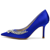 Women Pumps Stiletto Heel Pointed Toe Satin Rhinestone Party Wedding Heels Shoes Blue White
