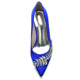 Women Pumps Stiletto Heel Pointed Toe Satin Rhinestone Party Wedding Heels Shoes Blue White