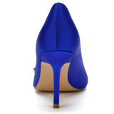 Women Pumps Stiletto Heel Pointed Toe Satin Rhinestone Party Wedding Heels Shoes Blue White