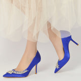 Women Pumps Stiletto Heel Pointed Toe Satin Rhinestone Party Wedding Heels Shoes Blue White