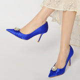 Women's Satin Stiletto Heel Closed Toe Pumps With Rhinestone