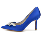 Women Pumps Stiletto Heel Pointed Toe Satin Rhinestone Party Wedding Heels Shoes