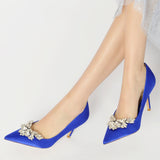 Women Pumps Stiletto Heel Pointed Toe Satin Rhinestone Party Wedding Heels Shoes