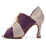 Woman Lace Up Latin Dance Shoes Purple Black Ballroom Salsa Dancing Shoes for Gilrs Soft Bottom Rhinestone Ballroom Shoes