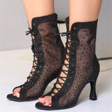 Latin Dance Shoes Women Mesh Rhinestone Ballroom Dance Boots Open Toe Party Shoes High Heels