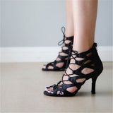 Open Toe Professional Women Black Satin Dance Boots Ladies Latin Salsa Shoes for Dancing Party