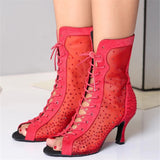 Latin Dance Shoes Women Mesh Rhinestone Ballroom Dance Boots Open Toe Party Shoes High Heels