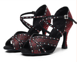 Rhinestone Latin Dance Shoes Red Black Ballroom Salsa Dancing Shoes for Wedding Party Girls Soft Bottom